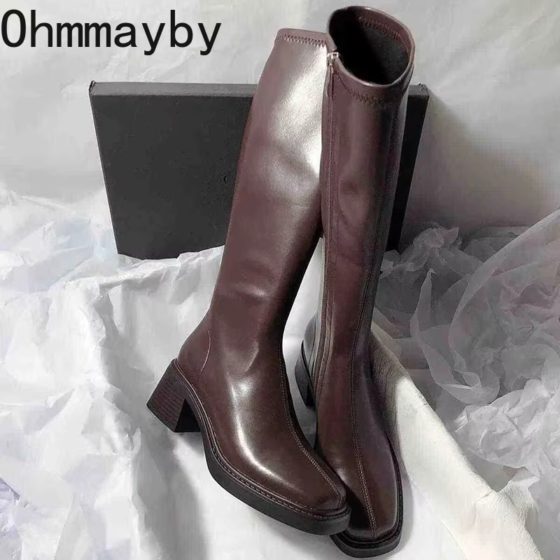 Knee High Boots Women - Vintage gruby obcas damskie buty do